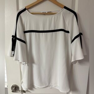 Calvin Klein Black & White Blouse – Flutter Sleeve, Tie Detail, Size M